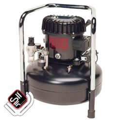 tragbarer Kompressor mit einem Druckregler mit Filtereinheit, 1 Motor auf einem stehenden Drucklufttank in schwarz